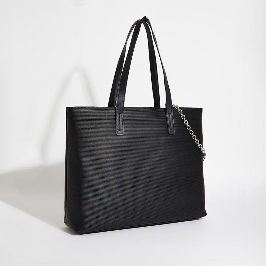 Textured Logo Badge Tote Bag - Black