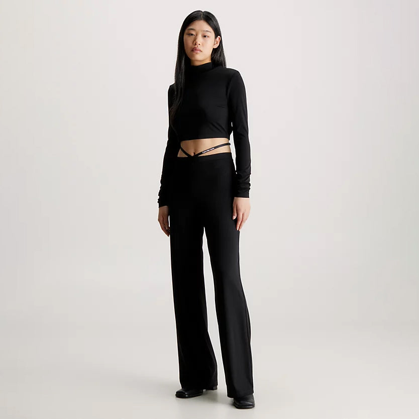Waist Strap Flared Pants - Black