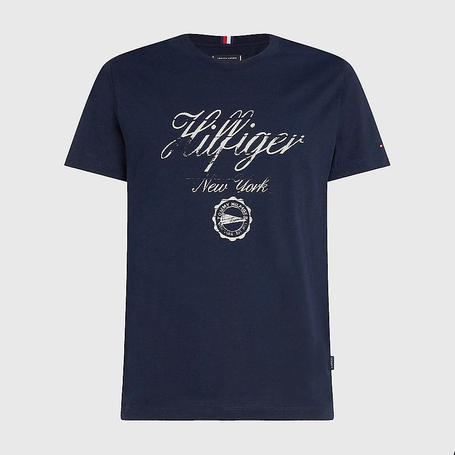 Faded Script Print T-Shirt - Navy