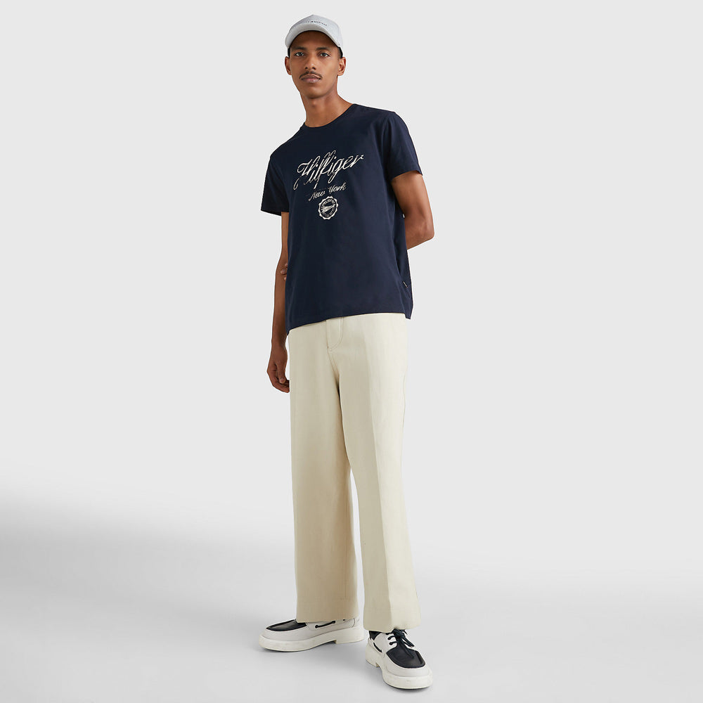 Faded Script Print T-Shirt - Navy