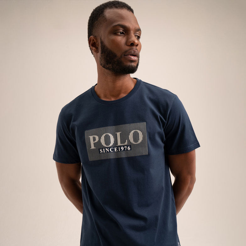 Isaac Men Print Flock Cotton T-Shirts - Navy