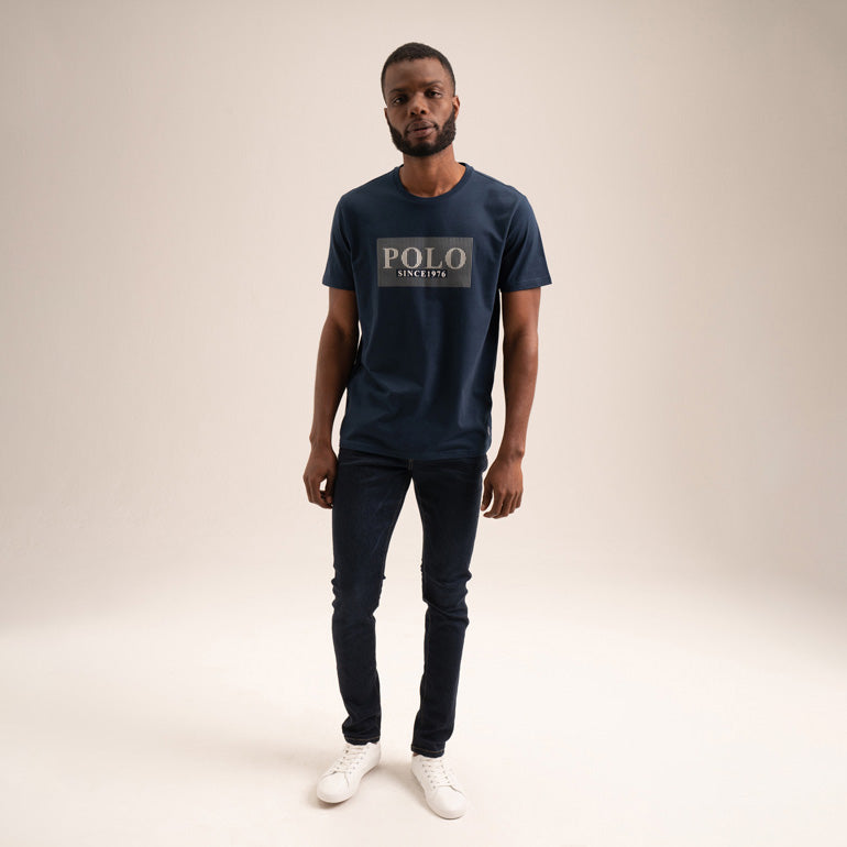 Isaac Men Print Flock Cotton T-Shirts - Navy