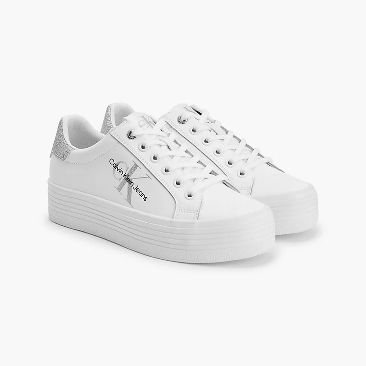 Leather Platform Trainers Mono White