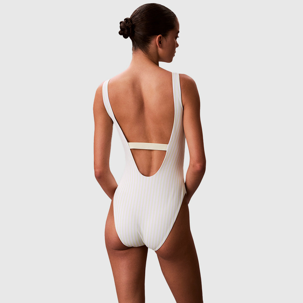Striped Scoop Back Swimsuit - Pale Yellow