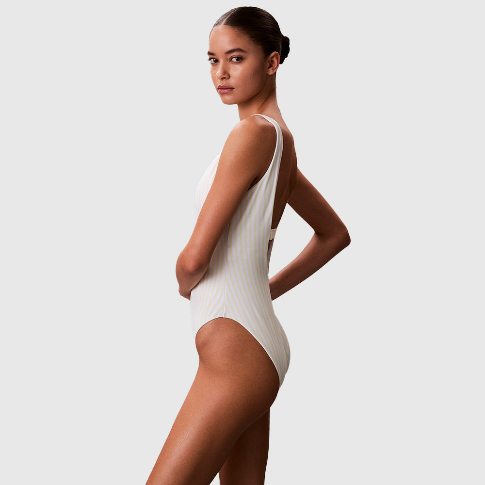 Striped Scoop Back Swimsuit - Pale Yellow