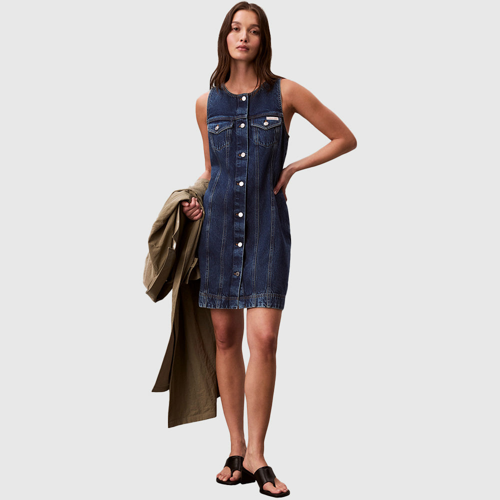 Sleeveless Denim Trucker Dress - Denim Dark