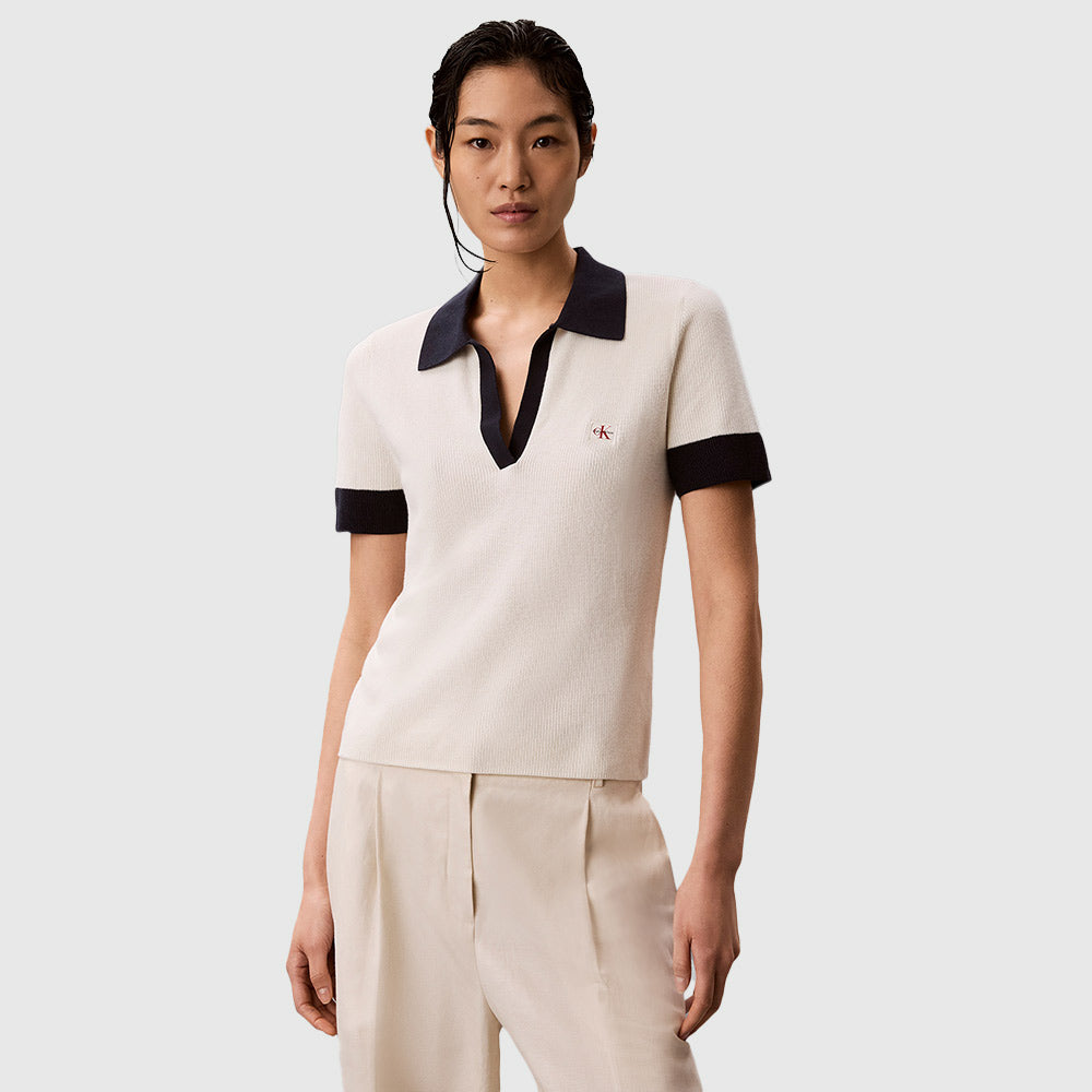 Two-Tone Cotton Knit Polo Shirt - Offwhite