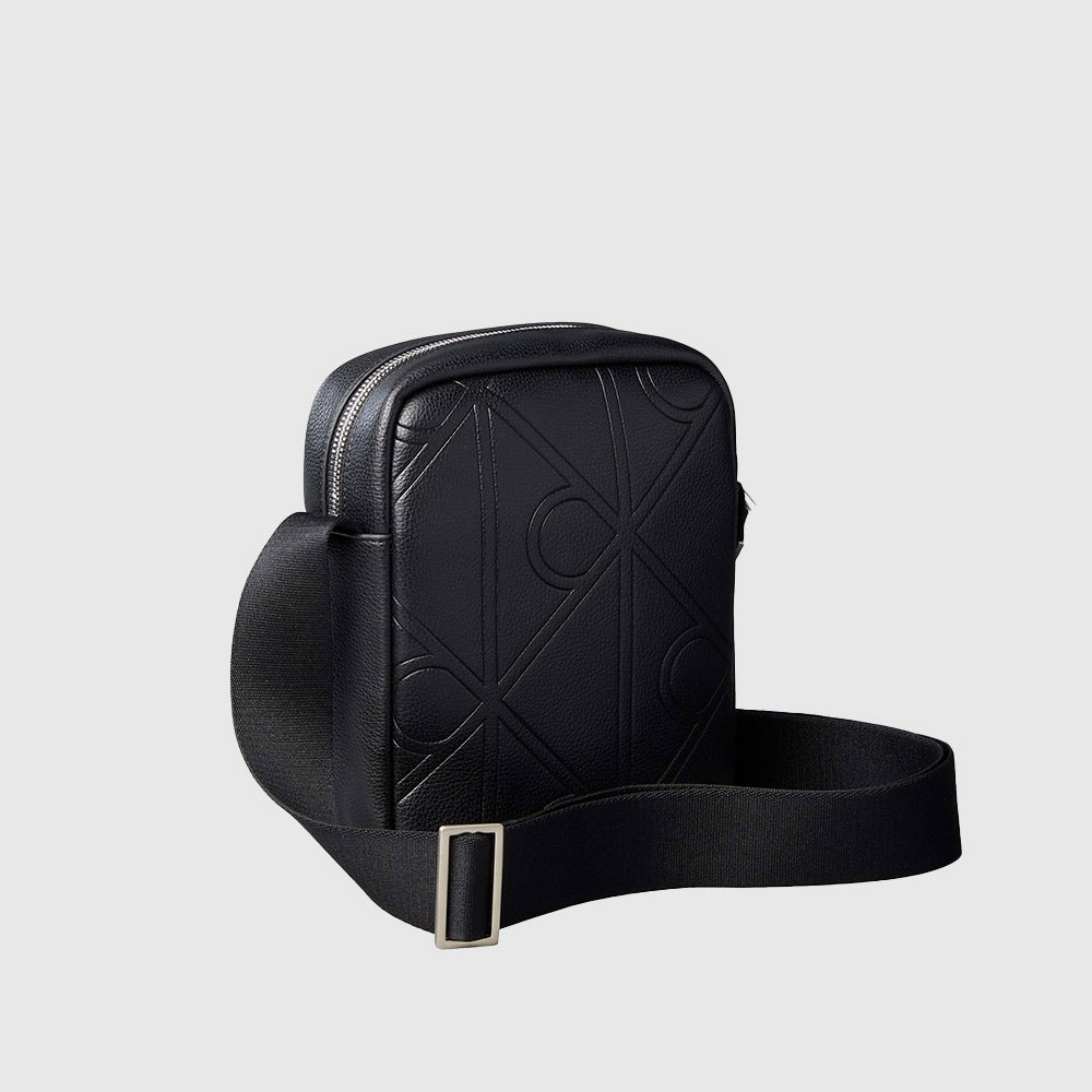 Allover Embossed Emblem Logo Reporter Bag - Black