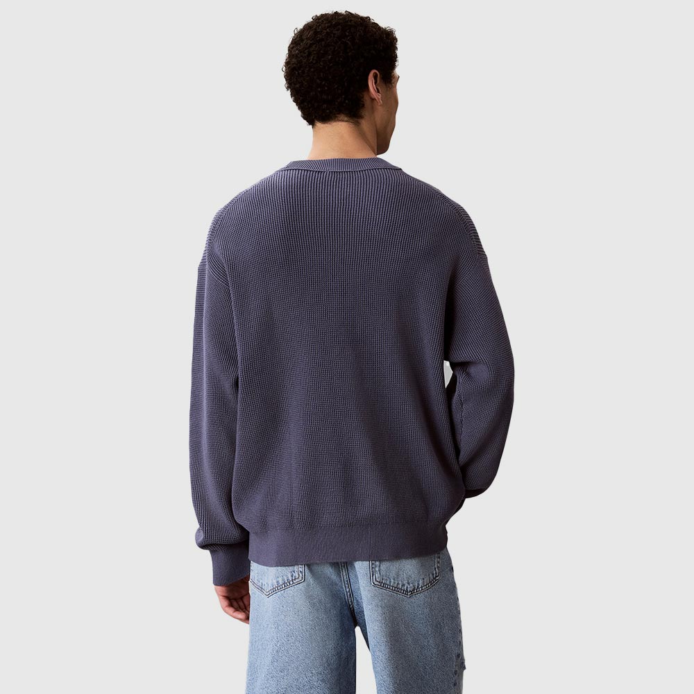 Cotton Waffle Crewneck Sweater - Navy