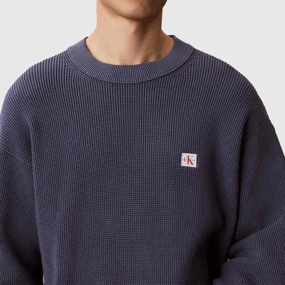 Cotton Waffle Crewneck Sweater - Navy