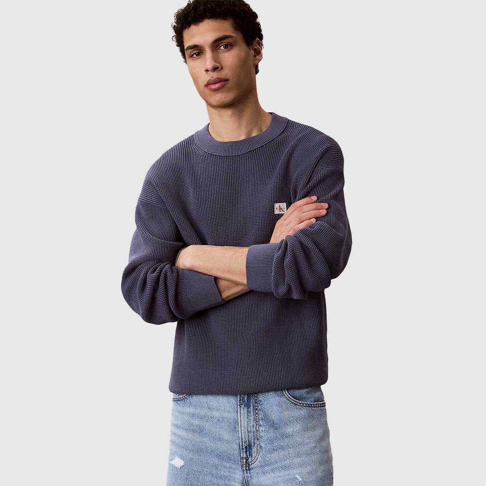 Cotton Waffle Crewneck Sweater - Navy