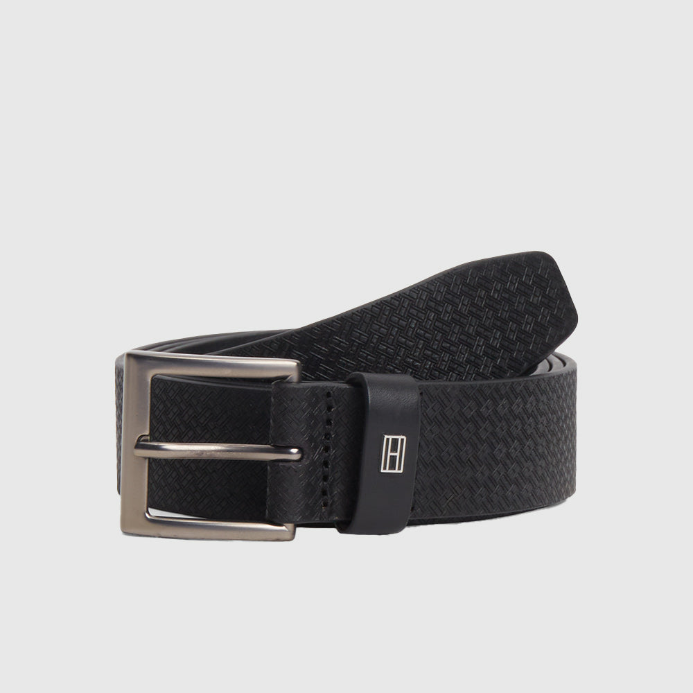 Flag Print Square Buckle Leather Belt - Black
