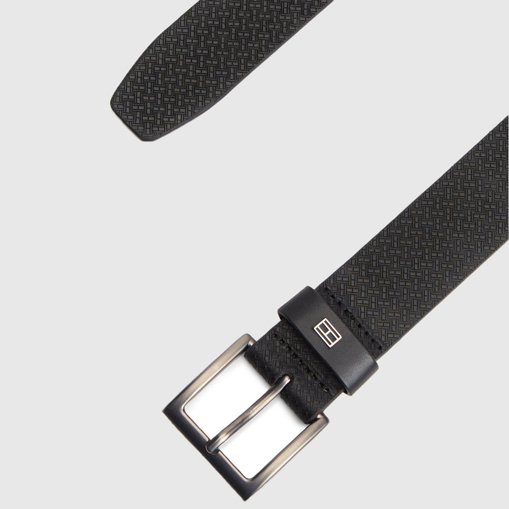 Flag Print Square Buckle Leather Belt - Black