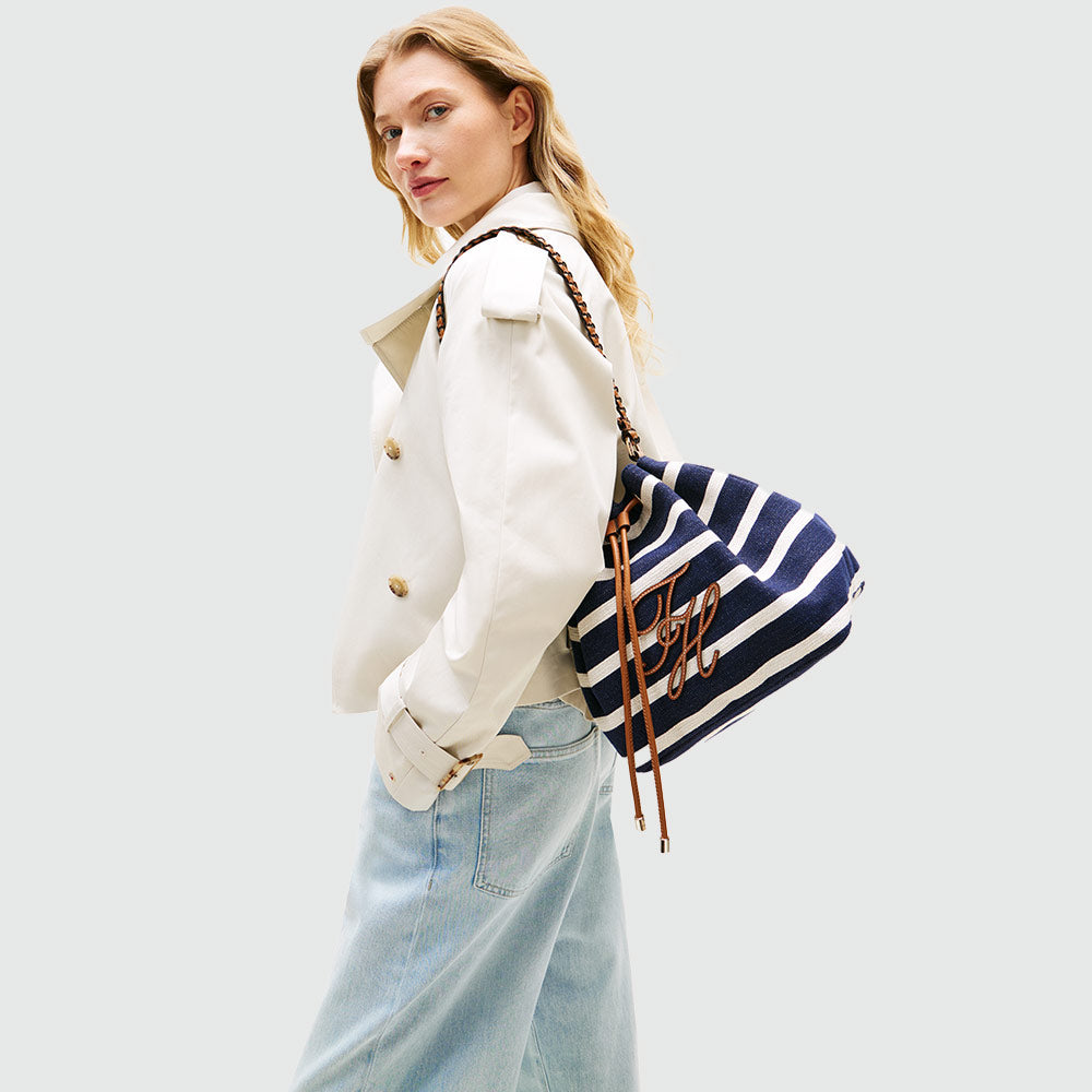 Stripe Logo Adjustable Bucket Bag - Navy Multi