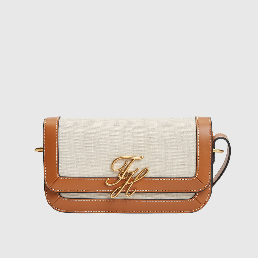 Canvas Leather Trim Crossbody Bag - Cognac