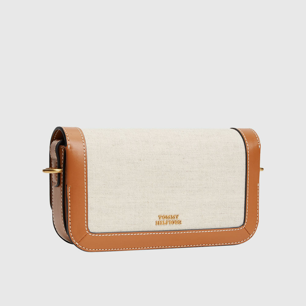 Canvas Leather Trim Crossbody Bag - Cognac