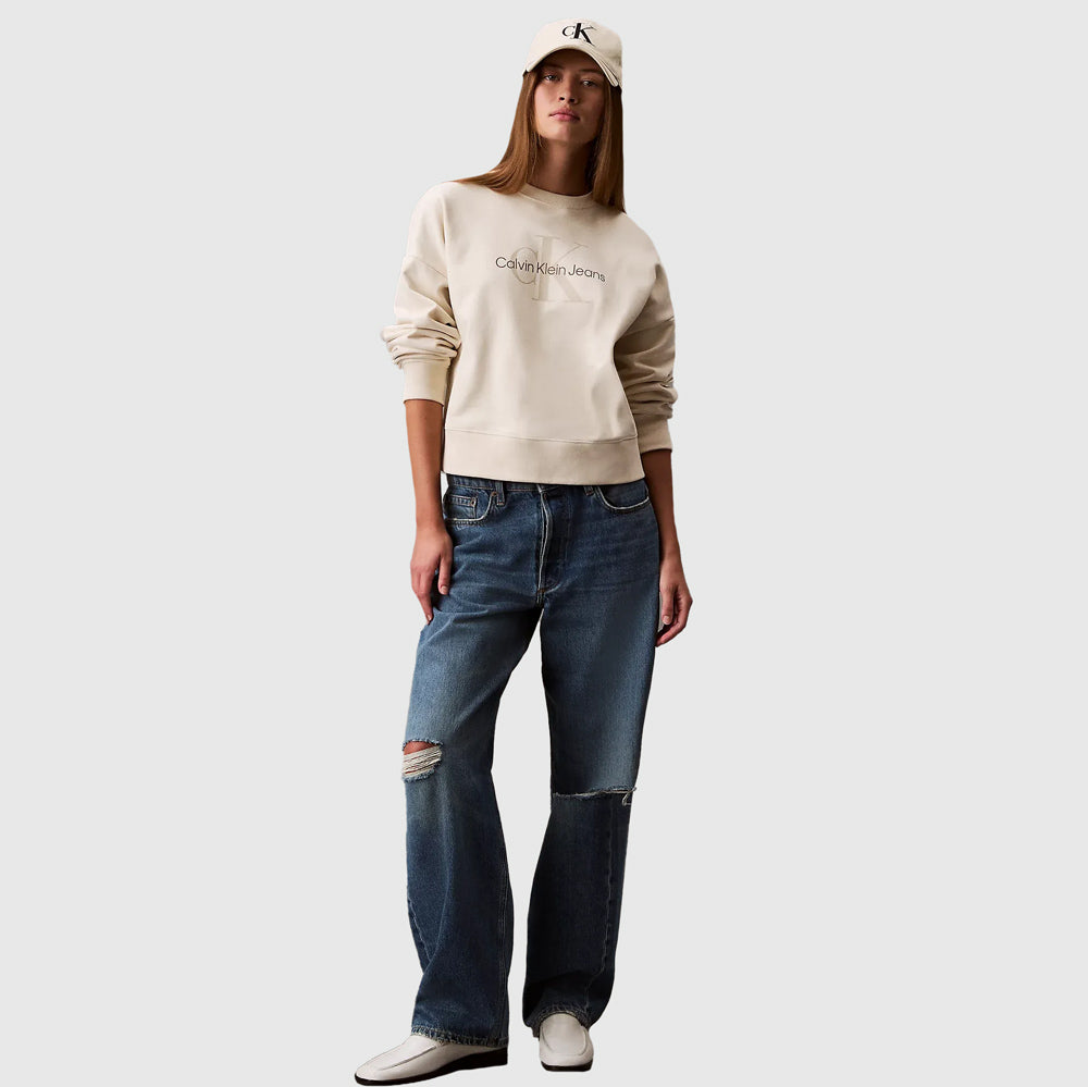 ★ ★ Women's Relaxed Fit Monologo French Terry S Calvin Klein Monologo French Terry Sweater - Offwhite