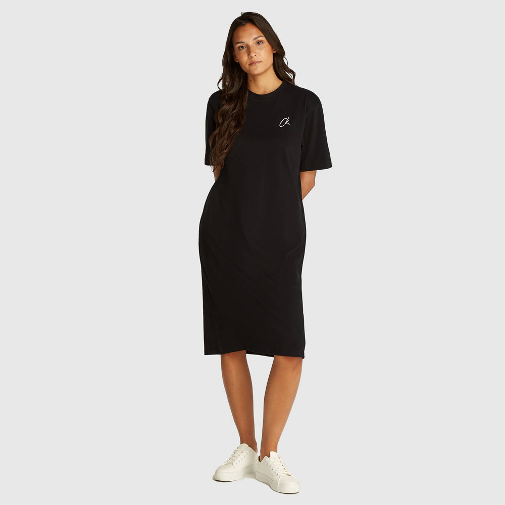 Calvin Klein Embroidered Long T-Shirt Dress Black |ThirdBaseUrban