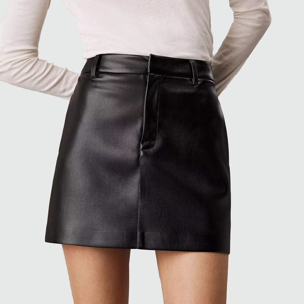 Calvin Klein Faux Leather A-Line Mini Skirt - Black |ThirdBaseUrban