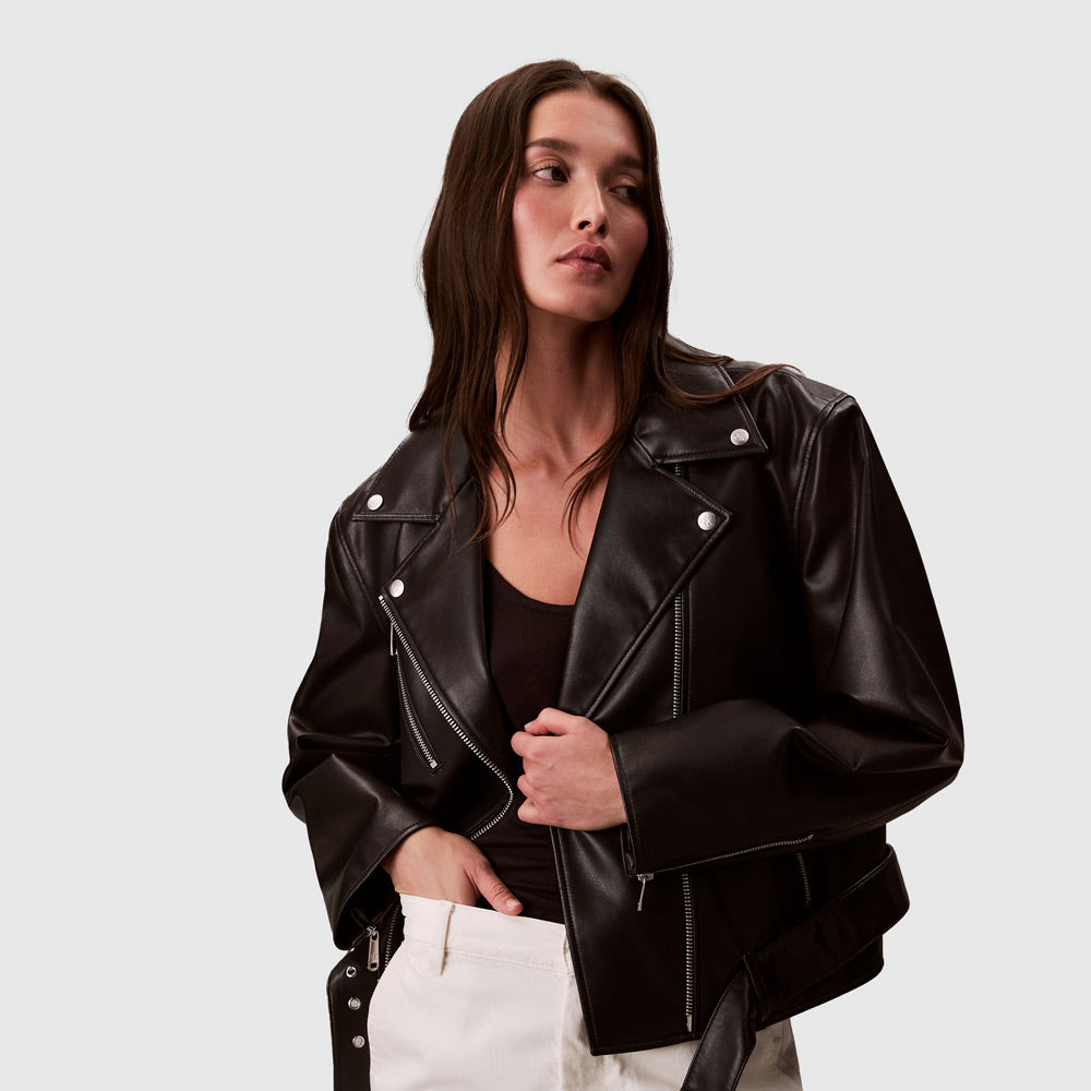 Calvin Klein Faux Leather Moto Jacket - Black |ThirdBaseUrban