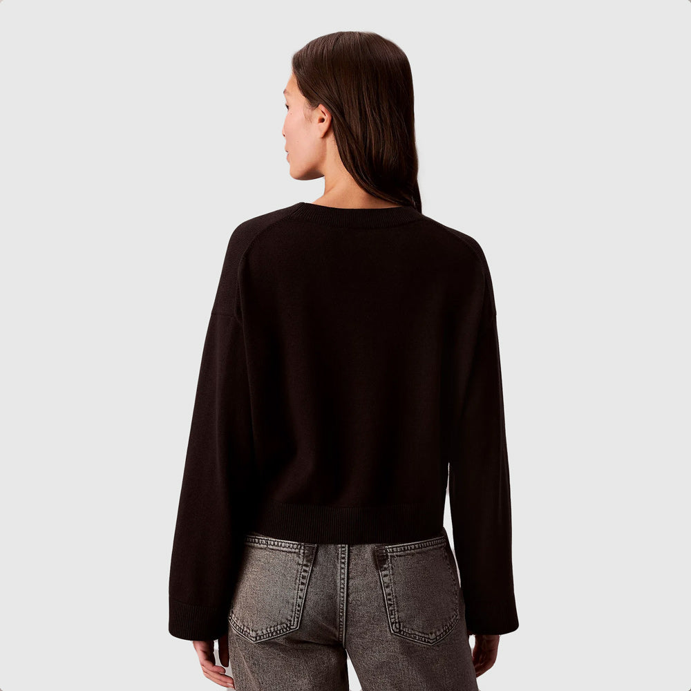 Long Sleeve Cotton Jacquard Sweater - Black
