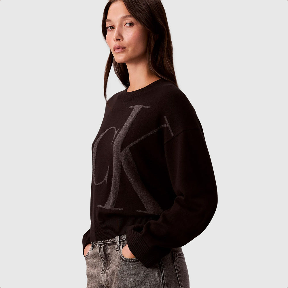 Long Sleeve Cotton Jacquard Sweater - Black
