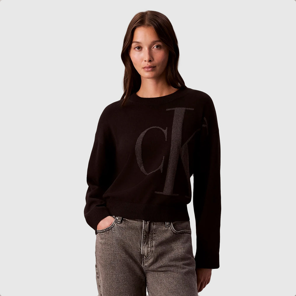 Calvin Klein Long Sleeve Cotton Jacquard Sweater - Black |ThirdBaseUrban