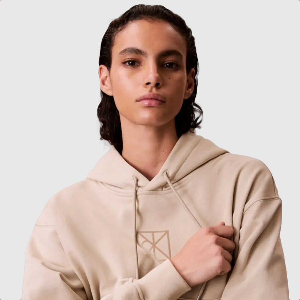 Relaxed Premium Terry Emblem Hoodie - Beige