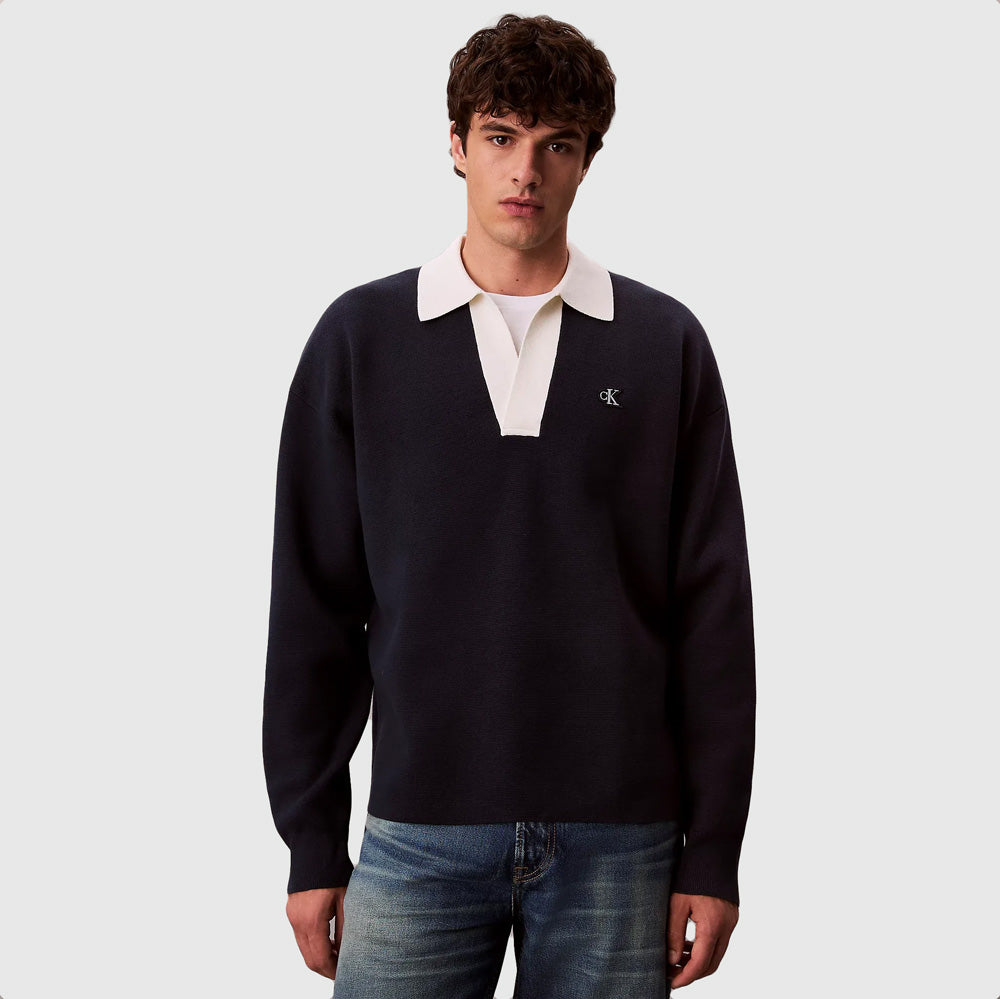 Calvin Klein Oversized Johnny Collar Sweater - Navy |ThirdBaseUrban