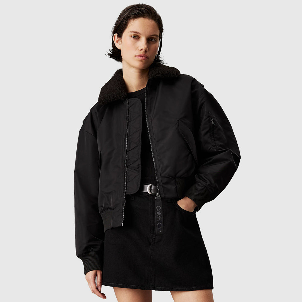 Calvin Klein Satin Aviator Jacket - Black |ThirdBaseUrban