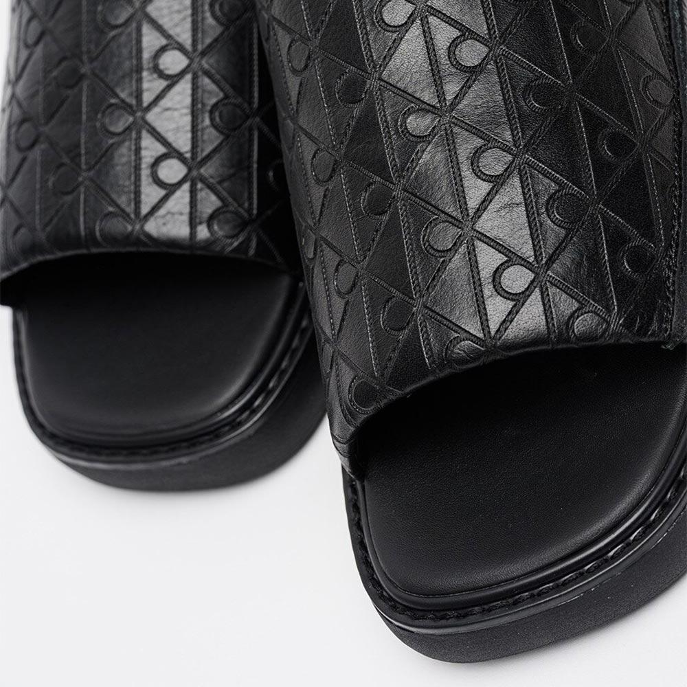 Leather Logo Jacquard Sandals - Black