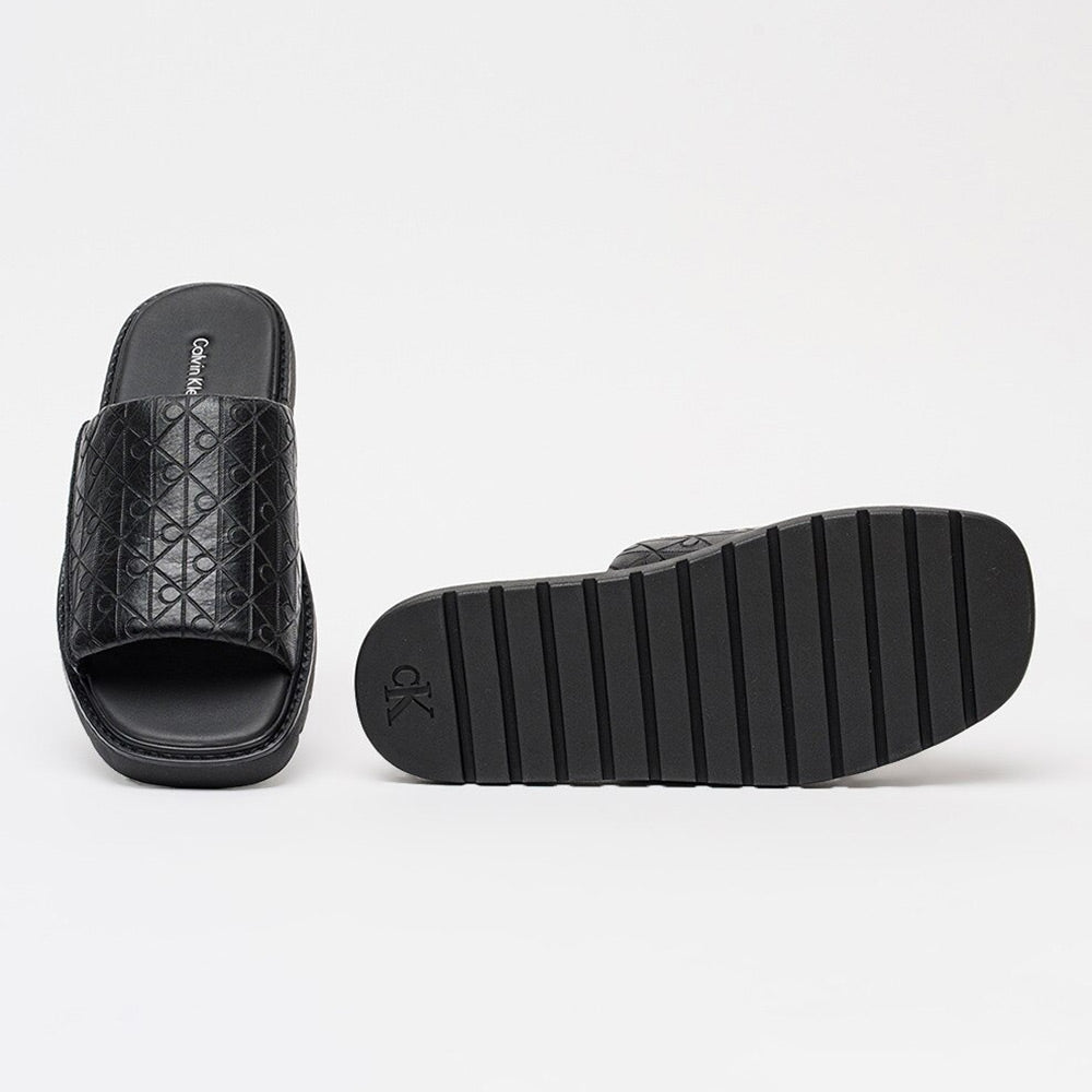 Leather Logo Jacquard Sandals - Black