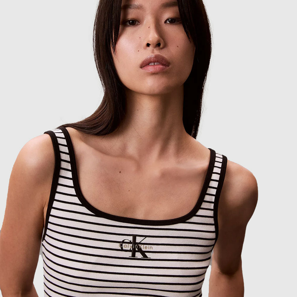 Scoop Neck Ribbed Tank Top - Black Stripe