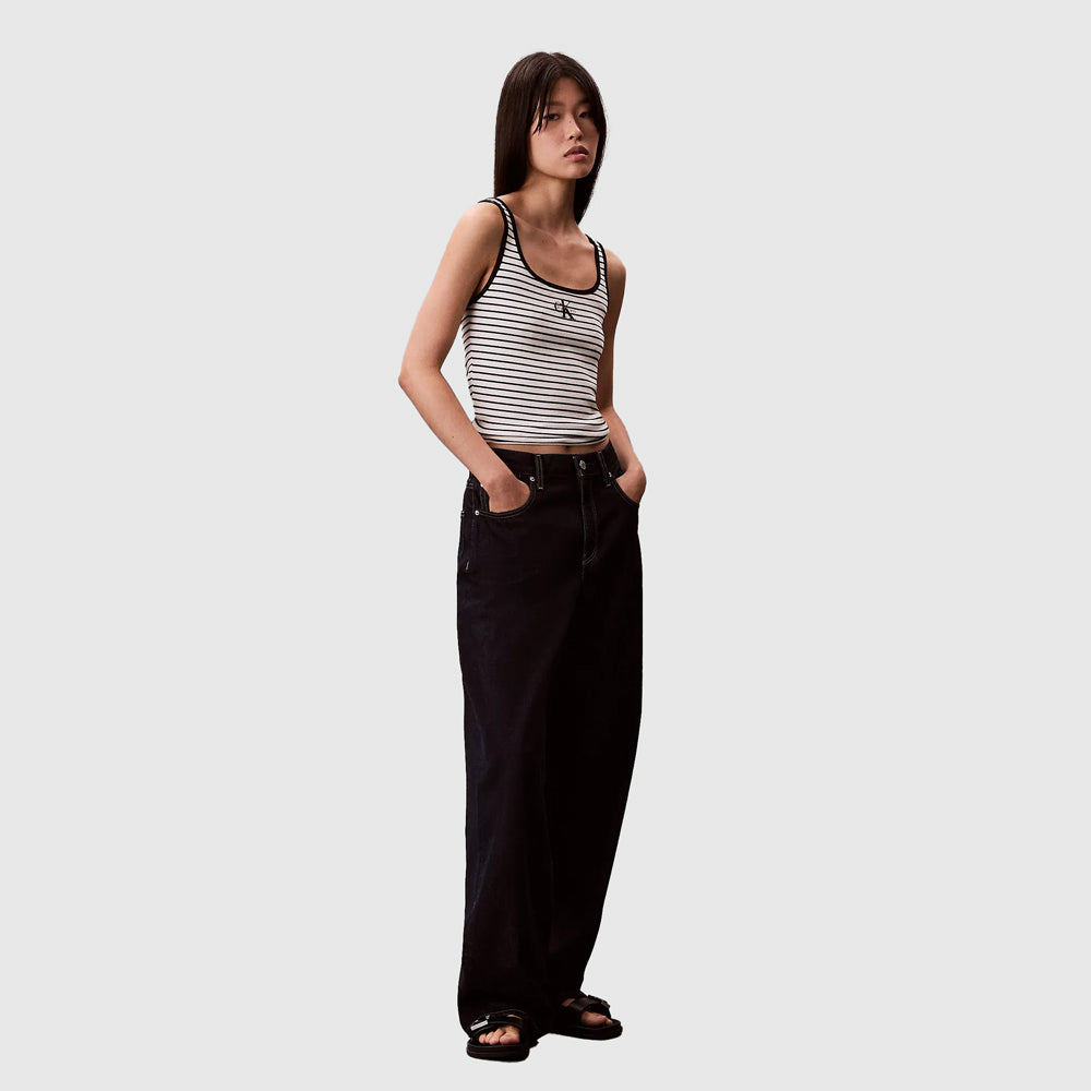 Scoop Neck Ribbed Tank Top - Black Stripe