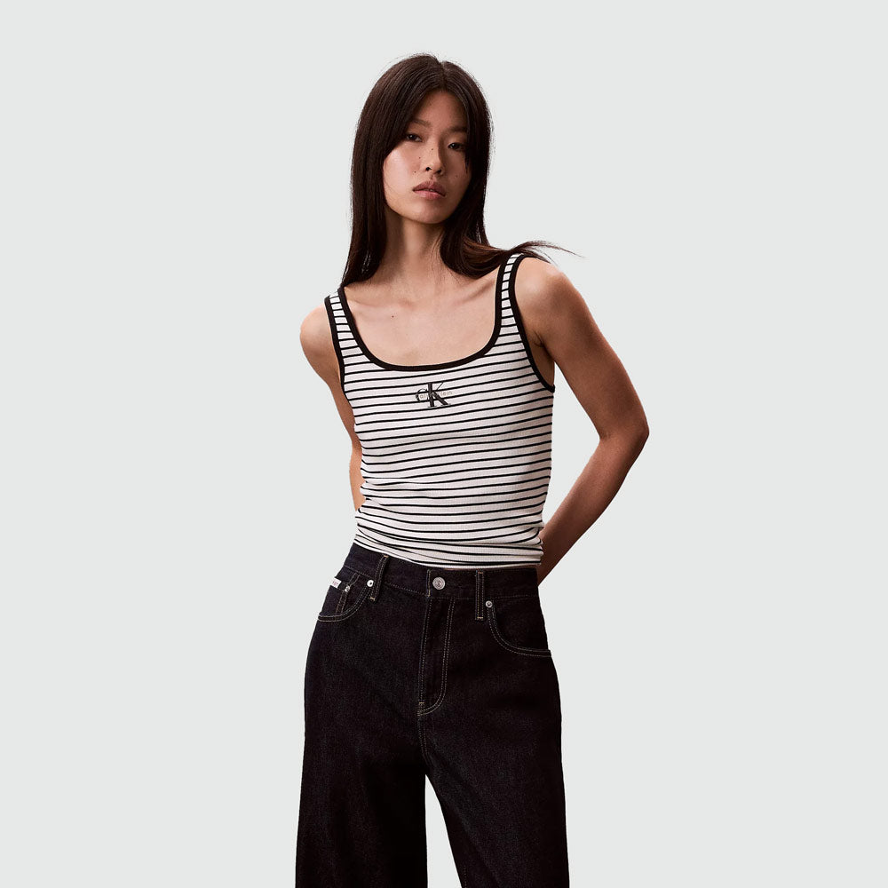Scoop Neck Ribbed Tank Top - Black Stripe