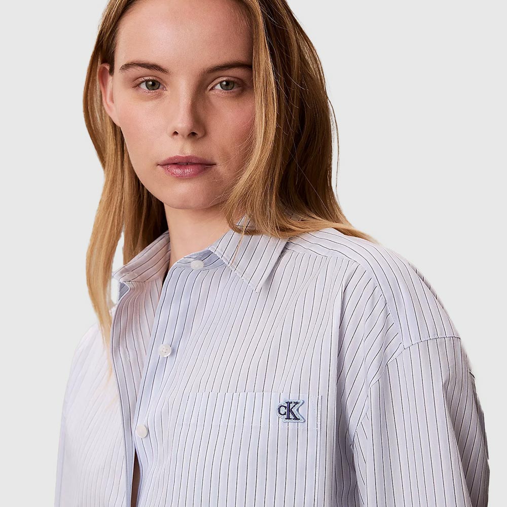 Cropped Cotton Poplin Stripe Shirt - Light Blue