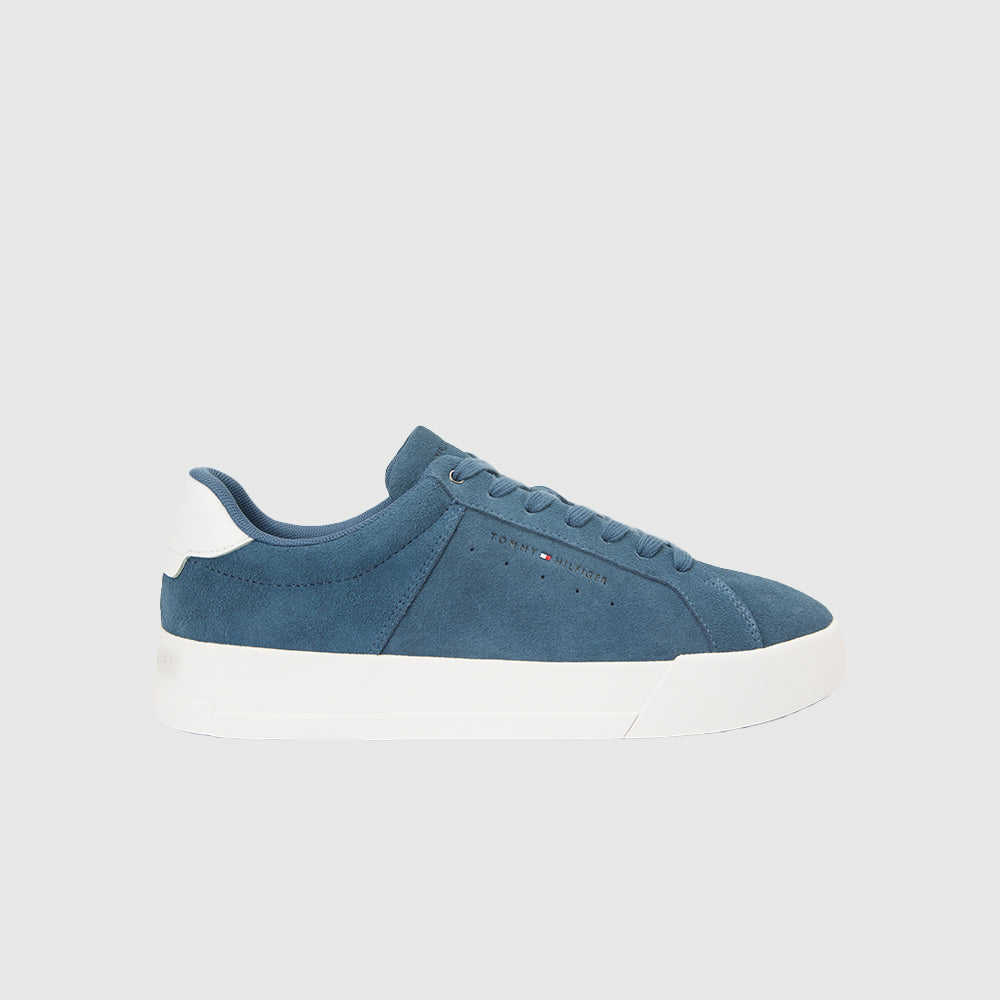 Contrast Heel Suede Court Trainers - Steel Blue