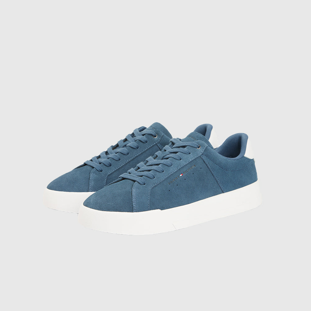 Contrast Heel Suede Court Trainers - Steel Blue