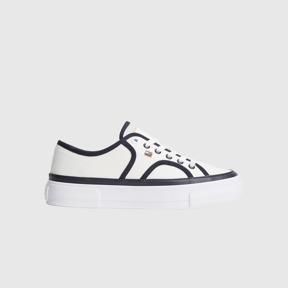 Contrast Piping Canvas Platform Trainers - Ecru Multi