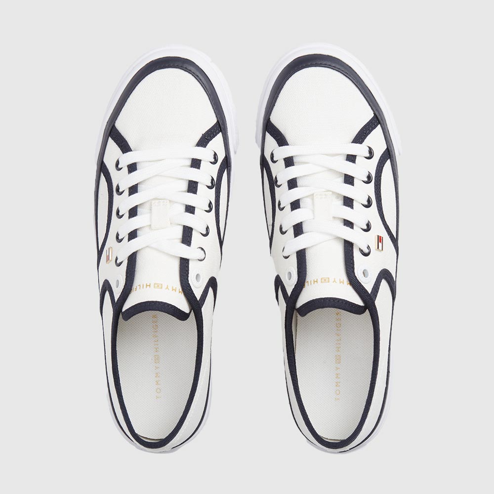 Contrast Piping Canvas Platform Trainers - Ecru Multi