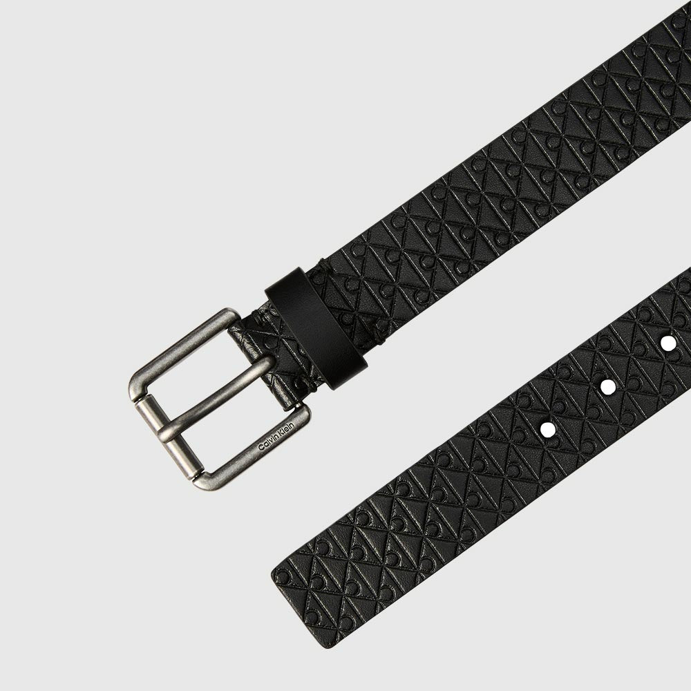 Embossed Logo Leather Belt - Black