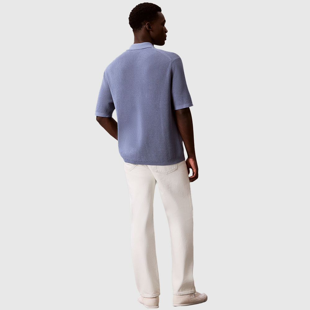 Cotton Waffle Knit Polo Shirt  - Blue