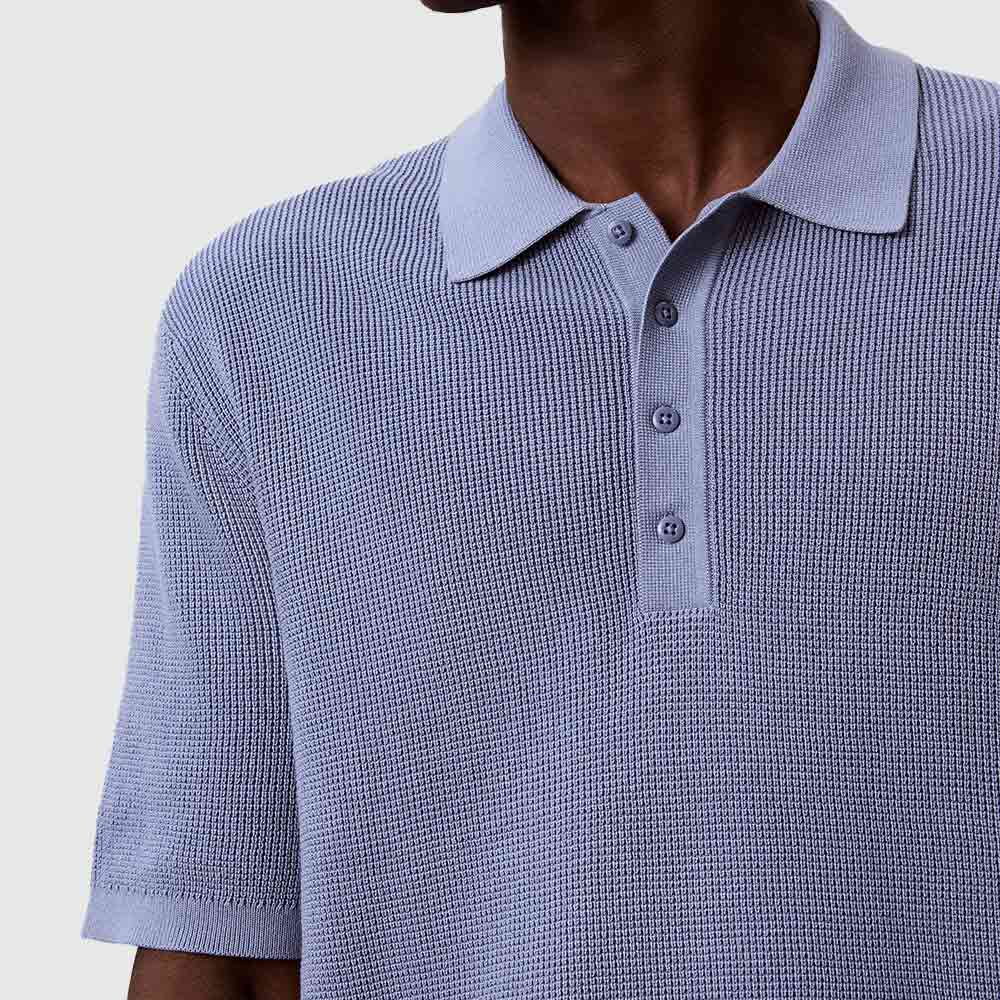 Cotton Waffle Knit Polo Shirt  - Blue