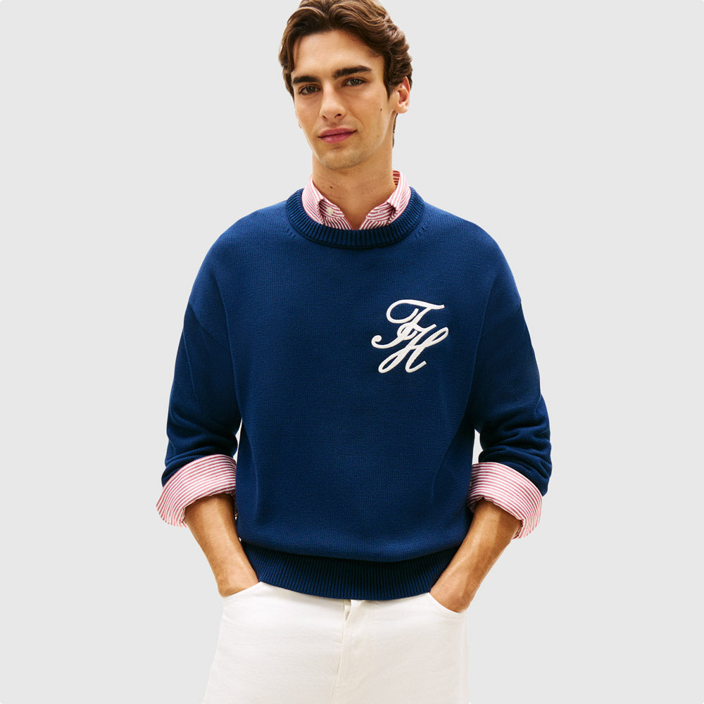Tommy Hilfiger Chunky Cotton Crew Neck - Navy |ThirdBaseUrban