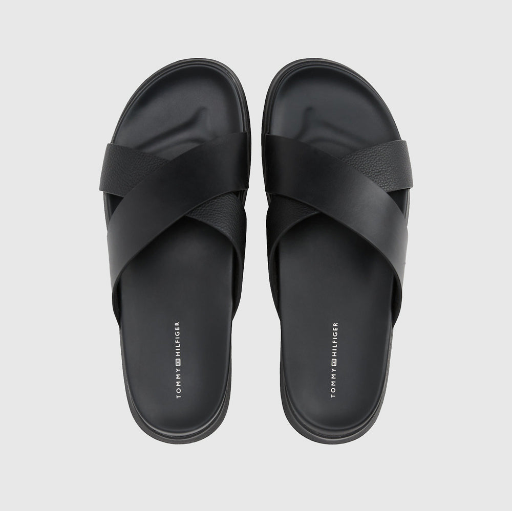 Tommy Hilfiger Strap Leather Slide - Black |ThirdBaseUrban
