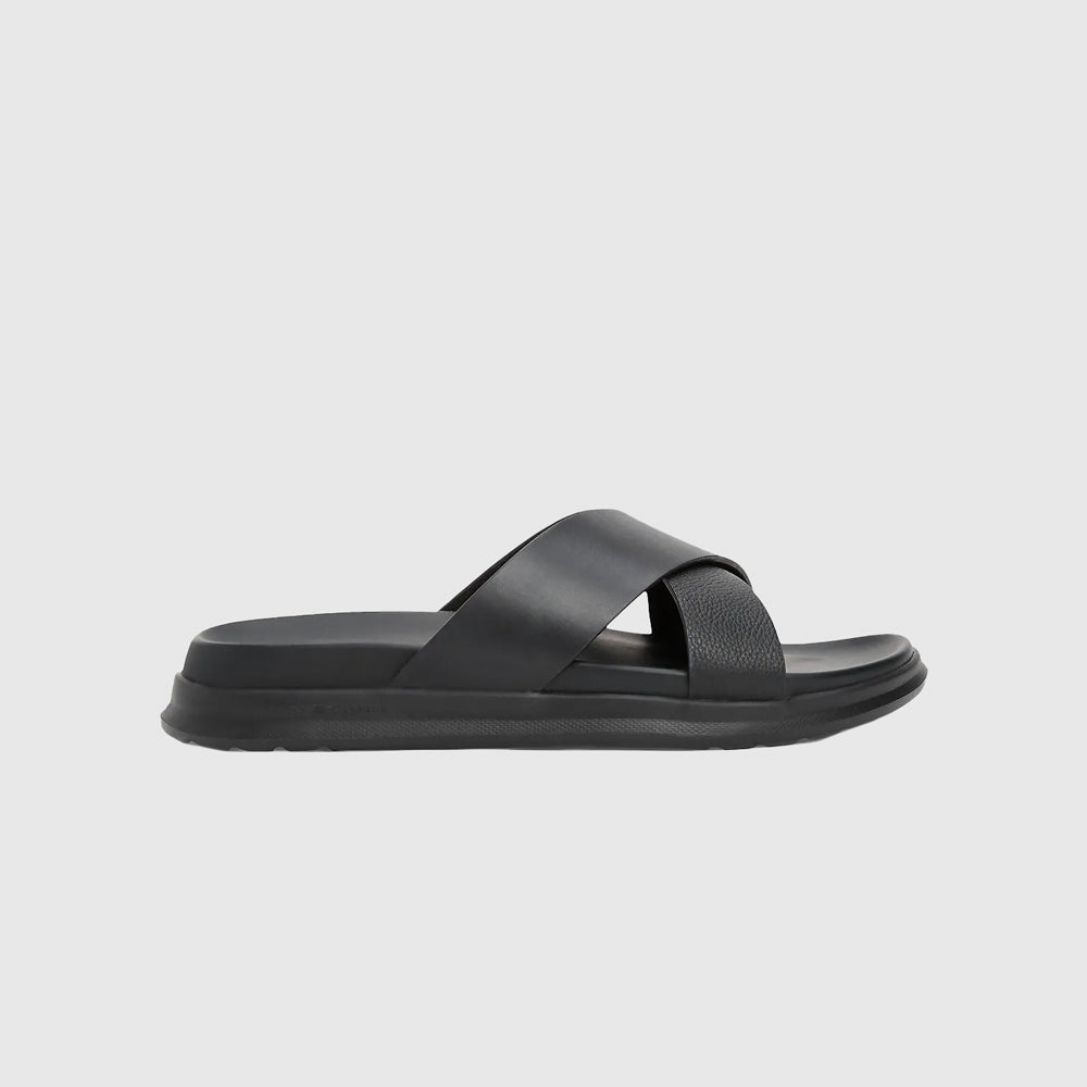 Tommy Hilfiger Strap Leather Slide - Black |ThirdBaseUrban