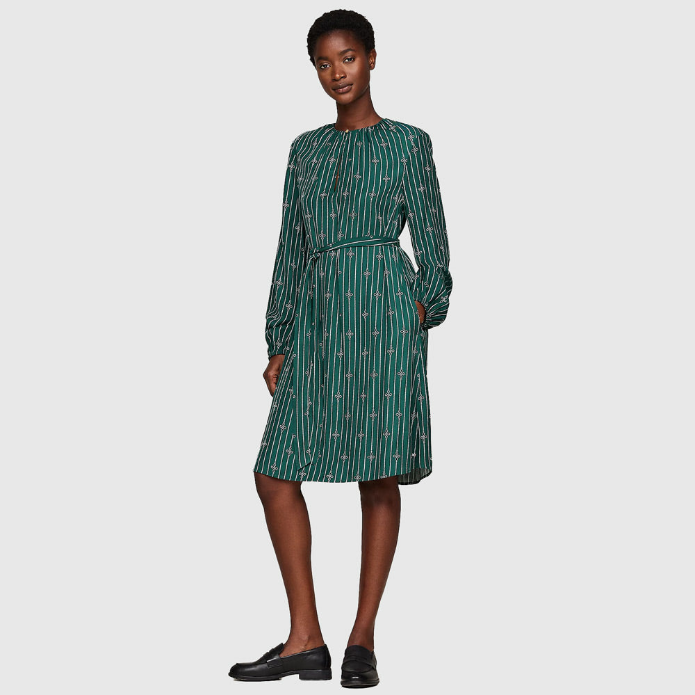 Tommy Hilfiger Fluid Gathered Belted Dress - Green |ThirdBaseUrban