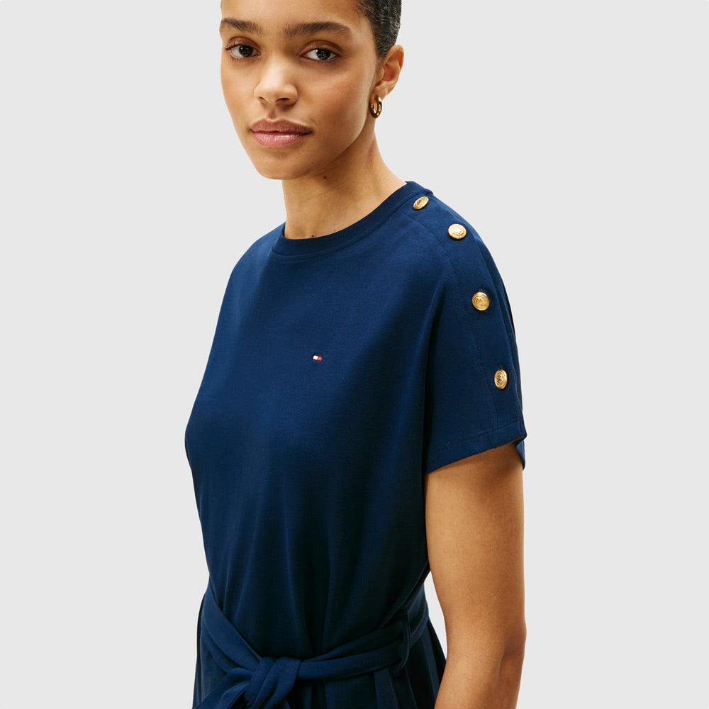 Gold Button Jersey Dress - Navy