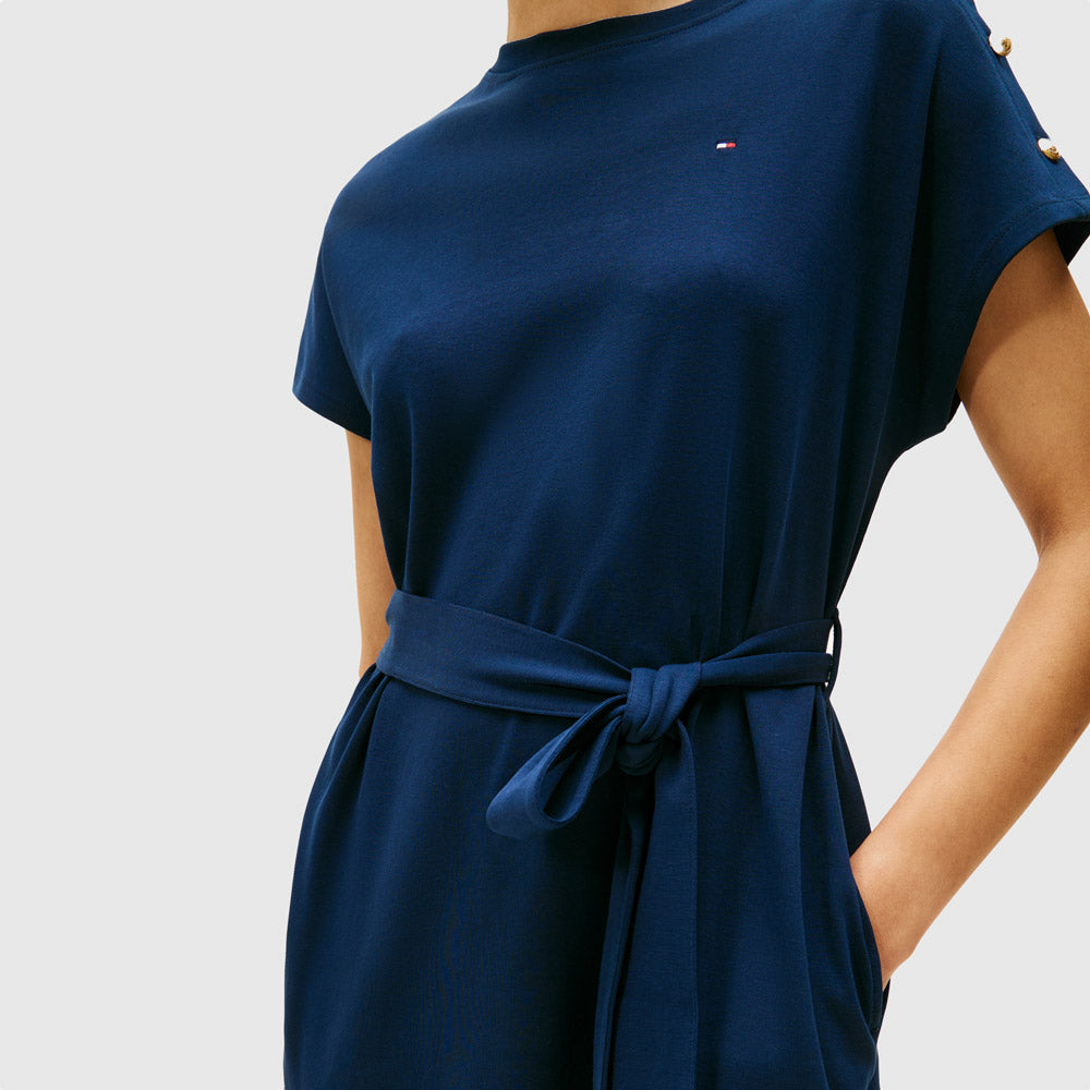 Gold Button Jersey Dress - Navy
