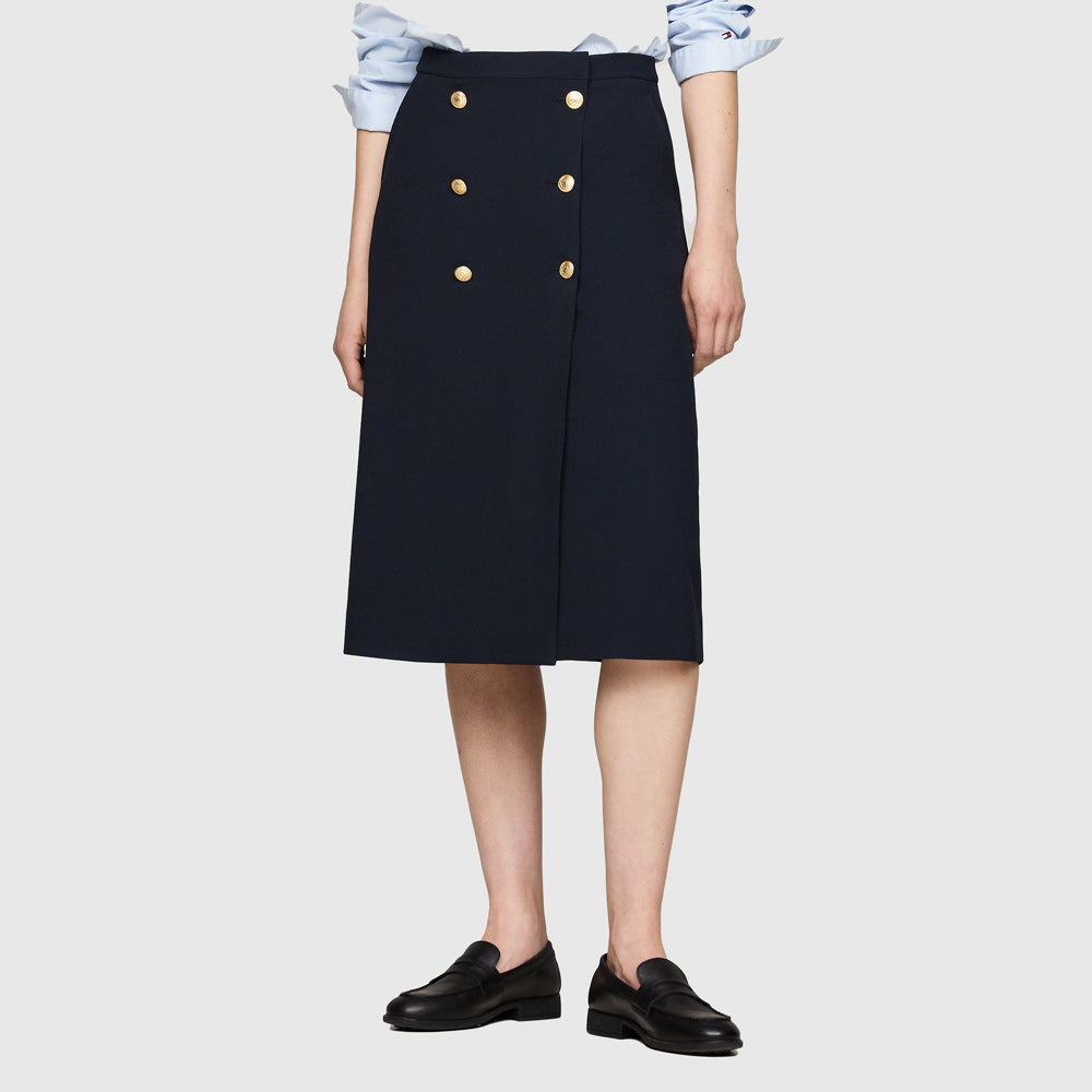 Tommy Hilfiger Gold Button Twill Midi Skirt - Navy |ThirdBaseUrban